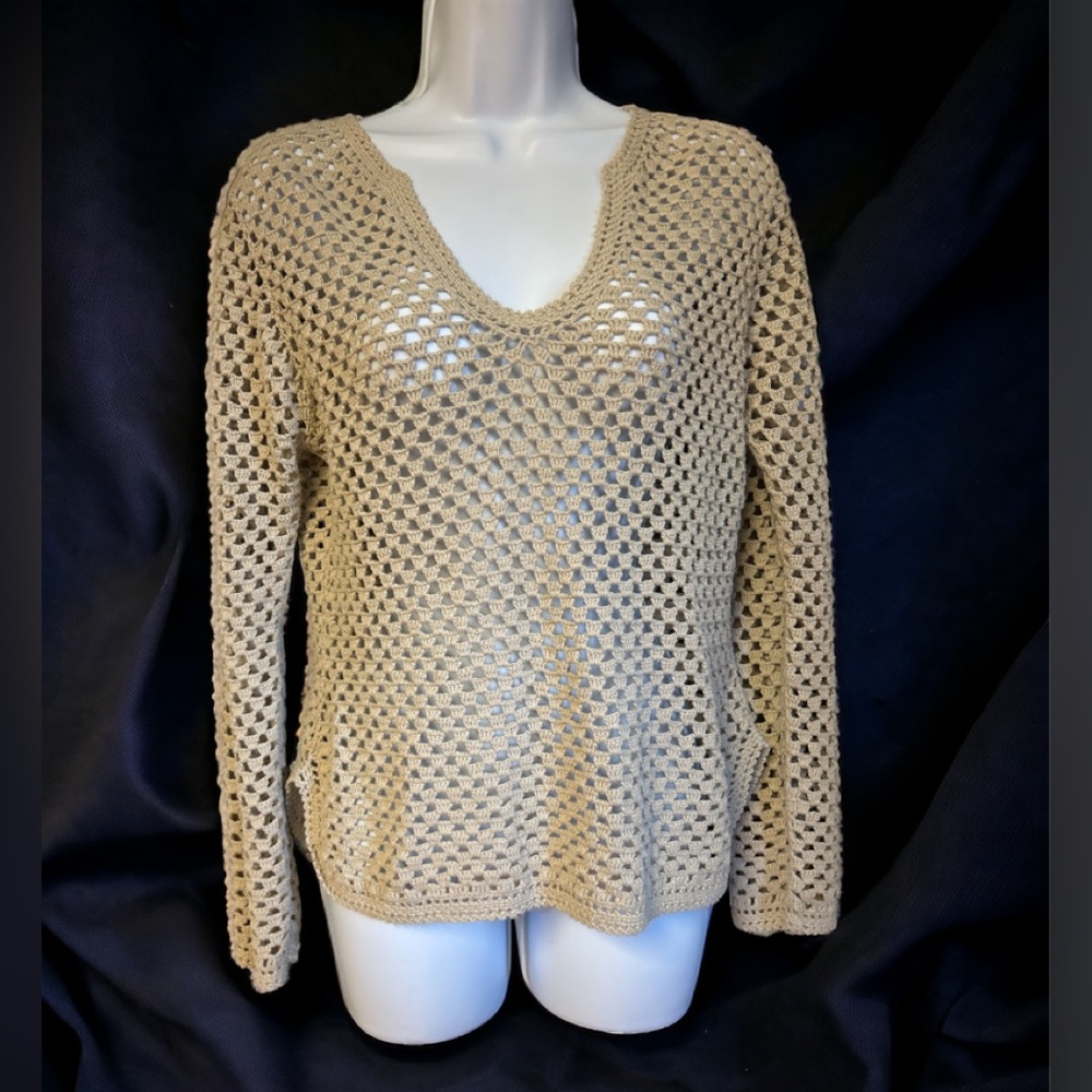 Rampage Crochet V-Neck Sweater Top Ramie Cotton Size L